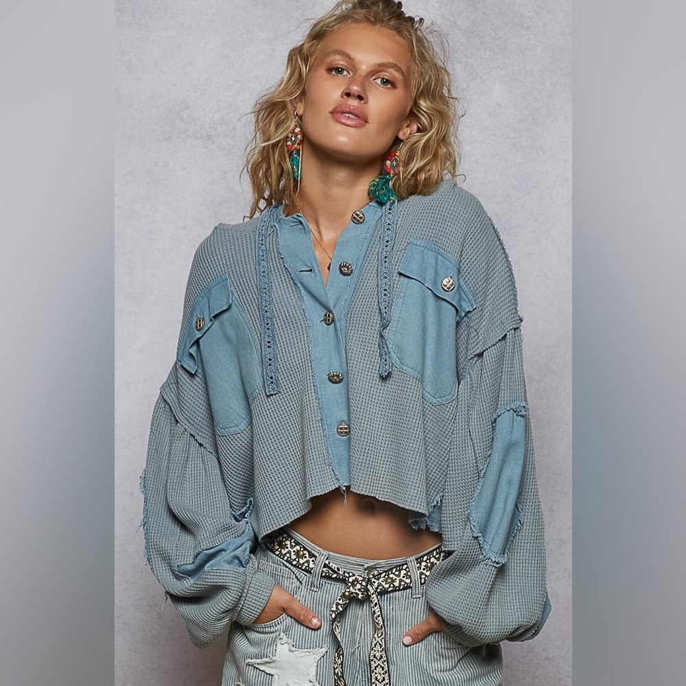 🐚 POL “ Whimsical Waffleknit “ Hoodie | Cornflower Blue